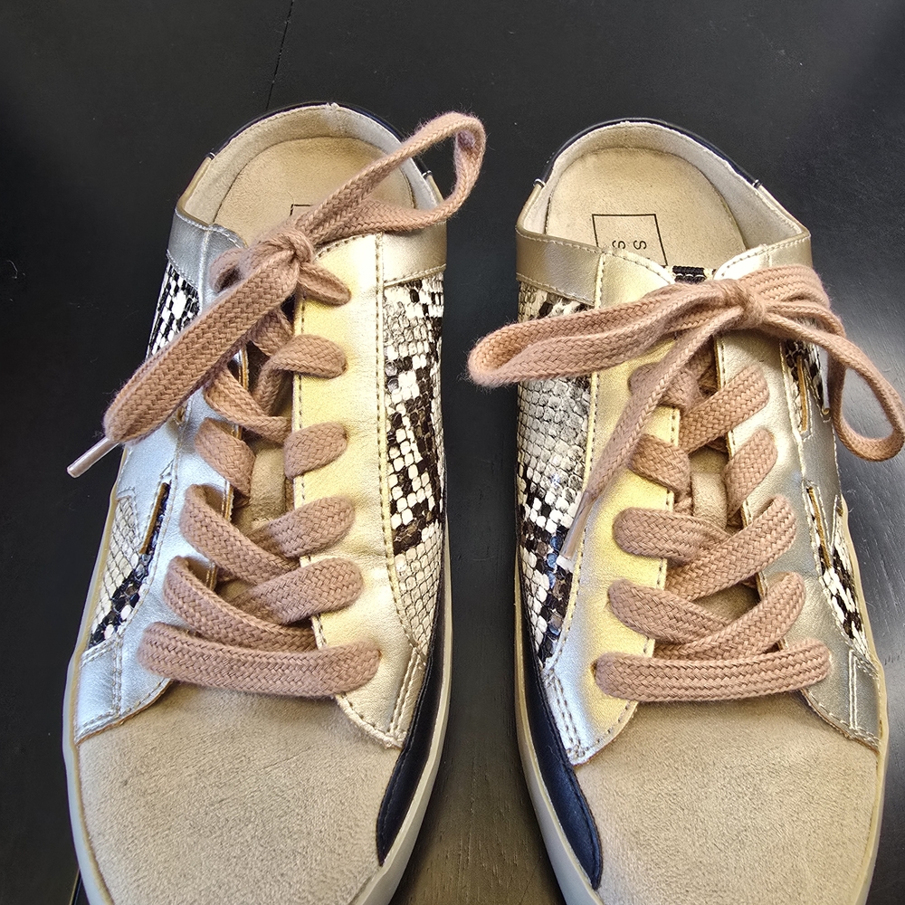 SHU SHOP PHILIPPA Snakeskin Lace Up Sneakers Beige Gold Black White Size 7